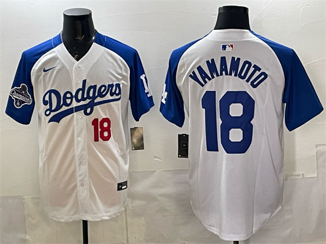 Men's White/Royal Los Angeles Dodgers #18 Yoshinobu Yamamoto 2025 World Series Champions Patch Limited Stitched Baseball Jersey